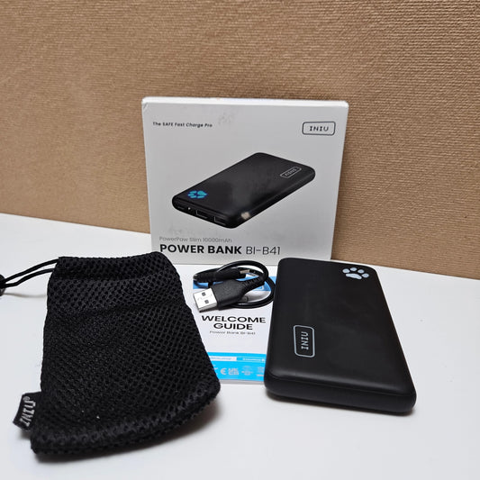 Unboxed INIU 10000mAh power bank with pouch and cable.