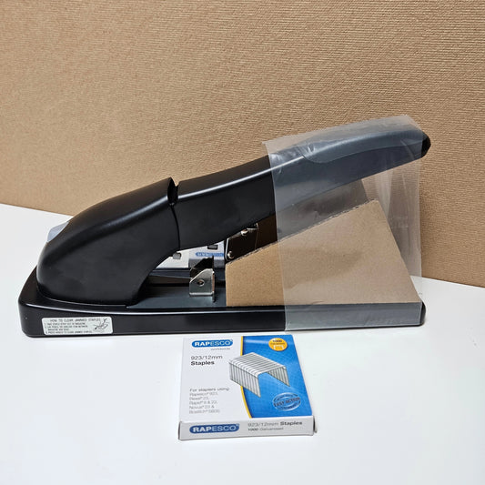 Rapesco HD-140 ECO black stapler displayed with a box of 12mm staples