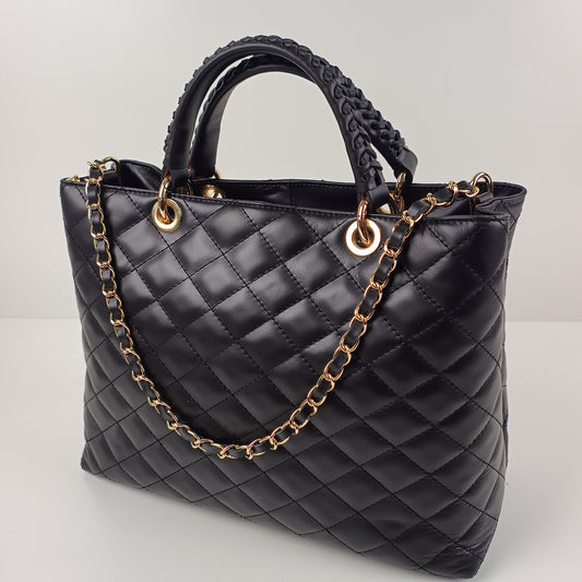 Quilted Black Leather Handbag with Chain Detail