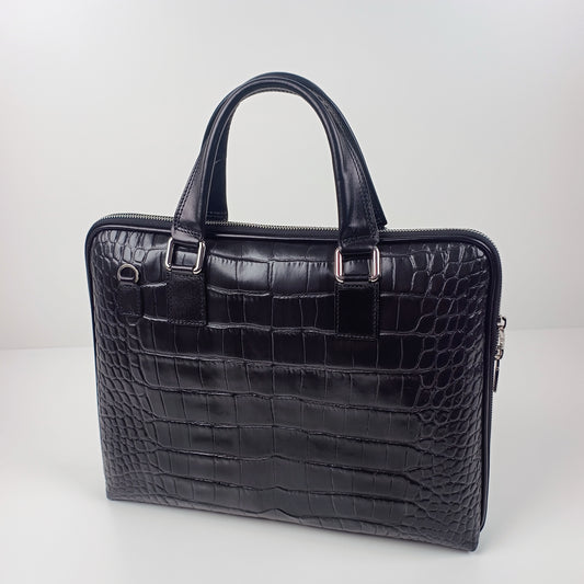 Black Croc-Embossed Leather Laptop Bag