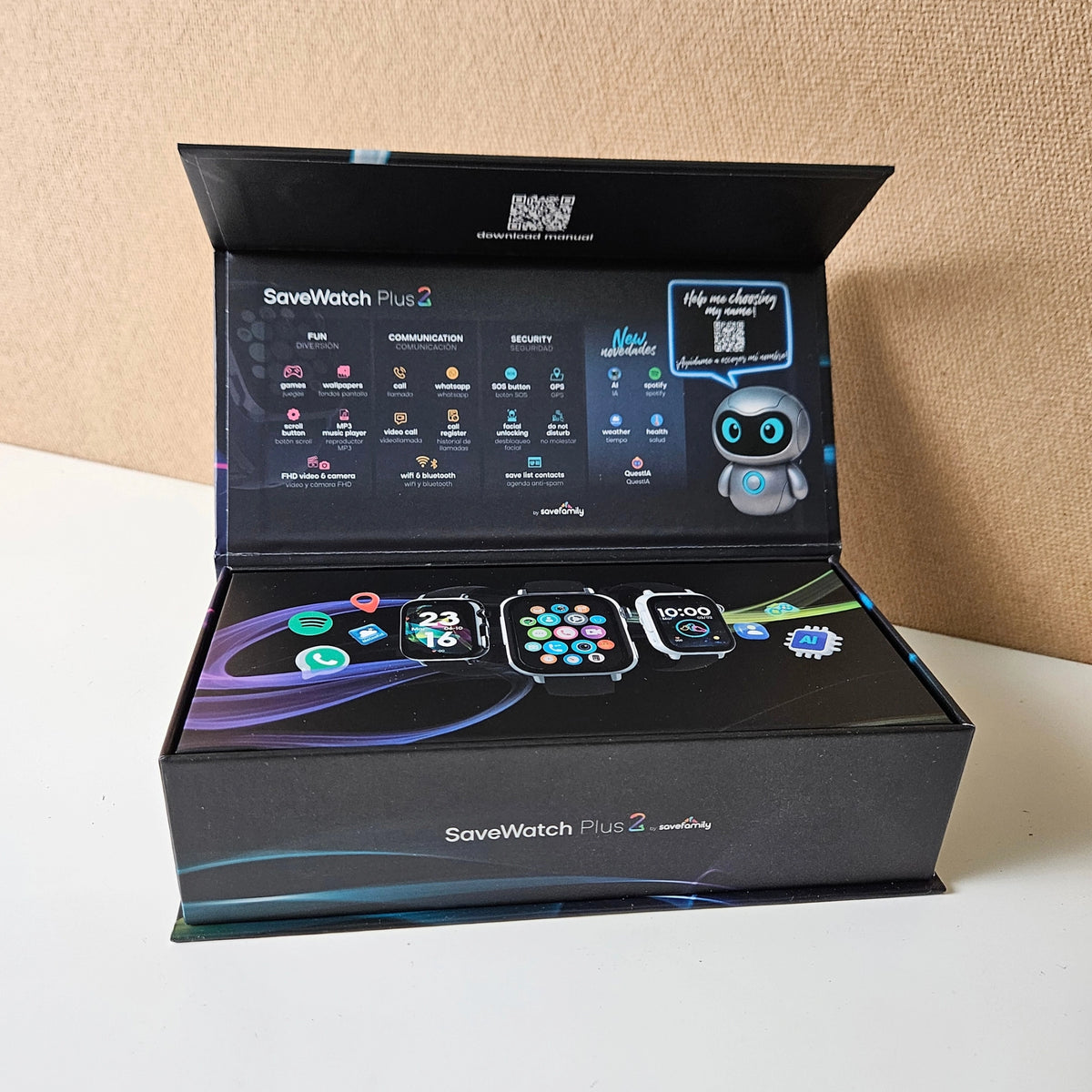 Open retail box of SaveWatch Plus 2 detailing child-safe features and menu