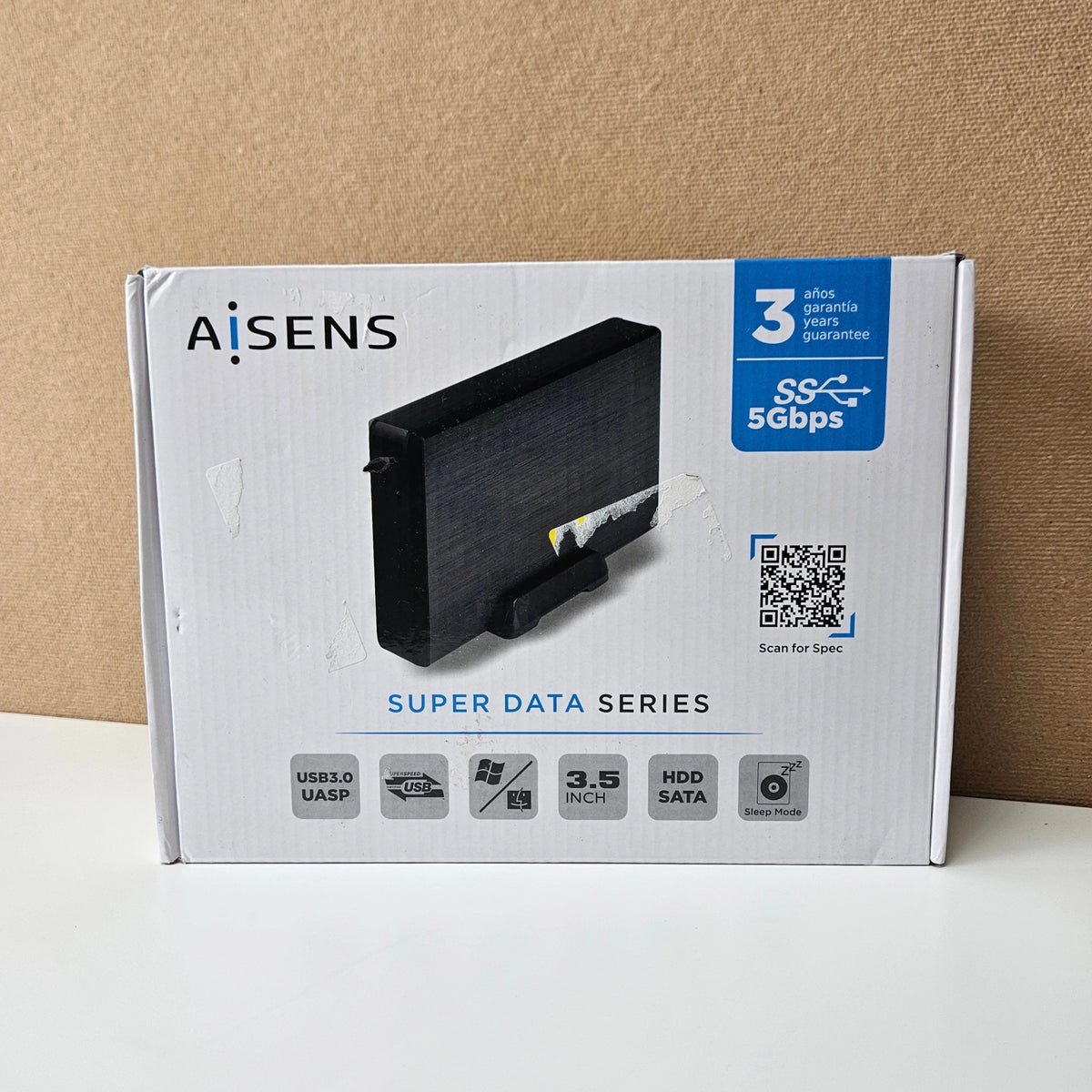 Front of AISENS Super Data Series box highlighting 5Gbps speed and 3.5-inch SATA HDD support