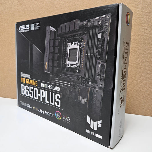Front view of the ASUS TUF Gaming B650-PLUS motherboard retail packaging