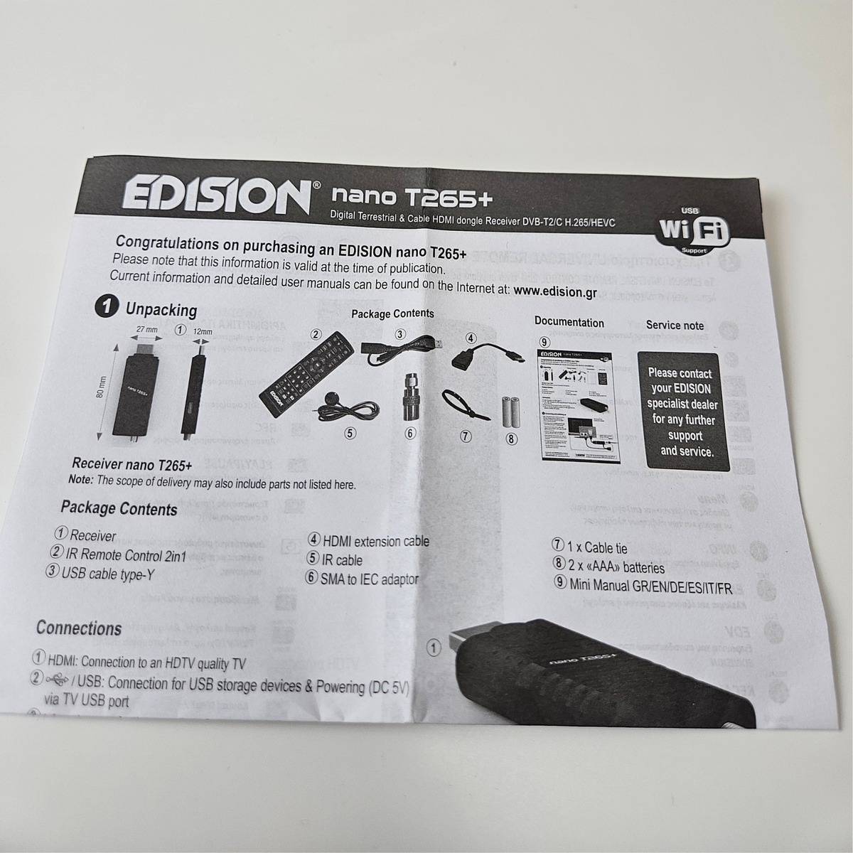 EDISON nano T265+ receiver user manual and packaging insert on a white background, showing included accessories and connection instructions.