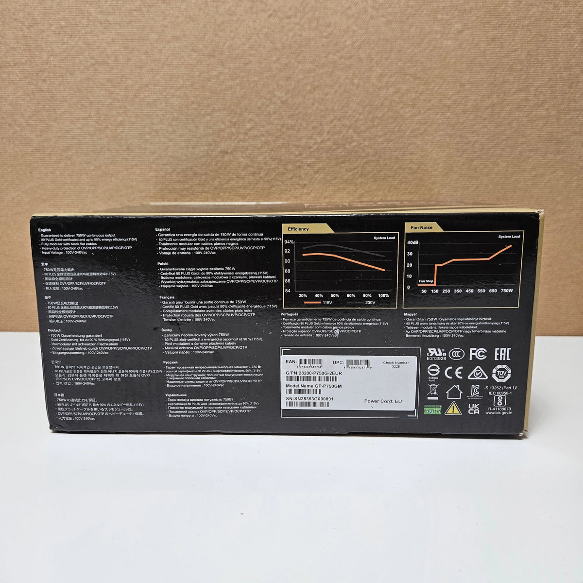 Side panel of Gigabyte P750GM modular power supply box listing features and connectors table