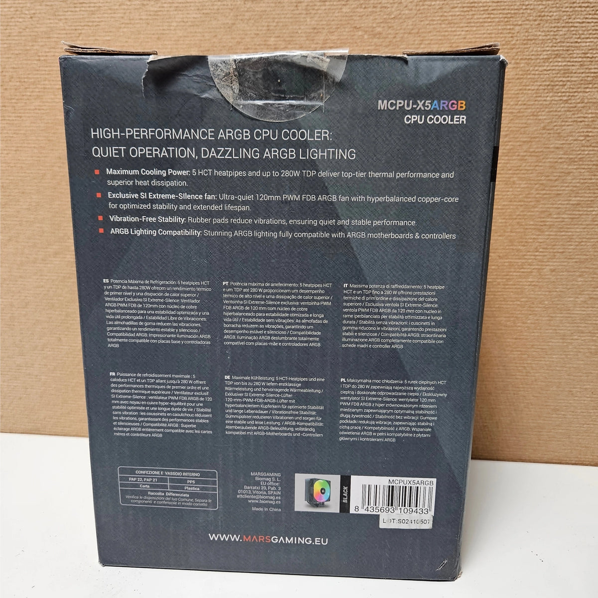 Back panel of the Mars Gaming CPU cooler box showing multi-language specifications.