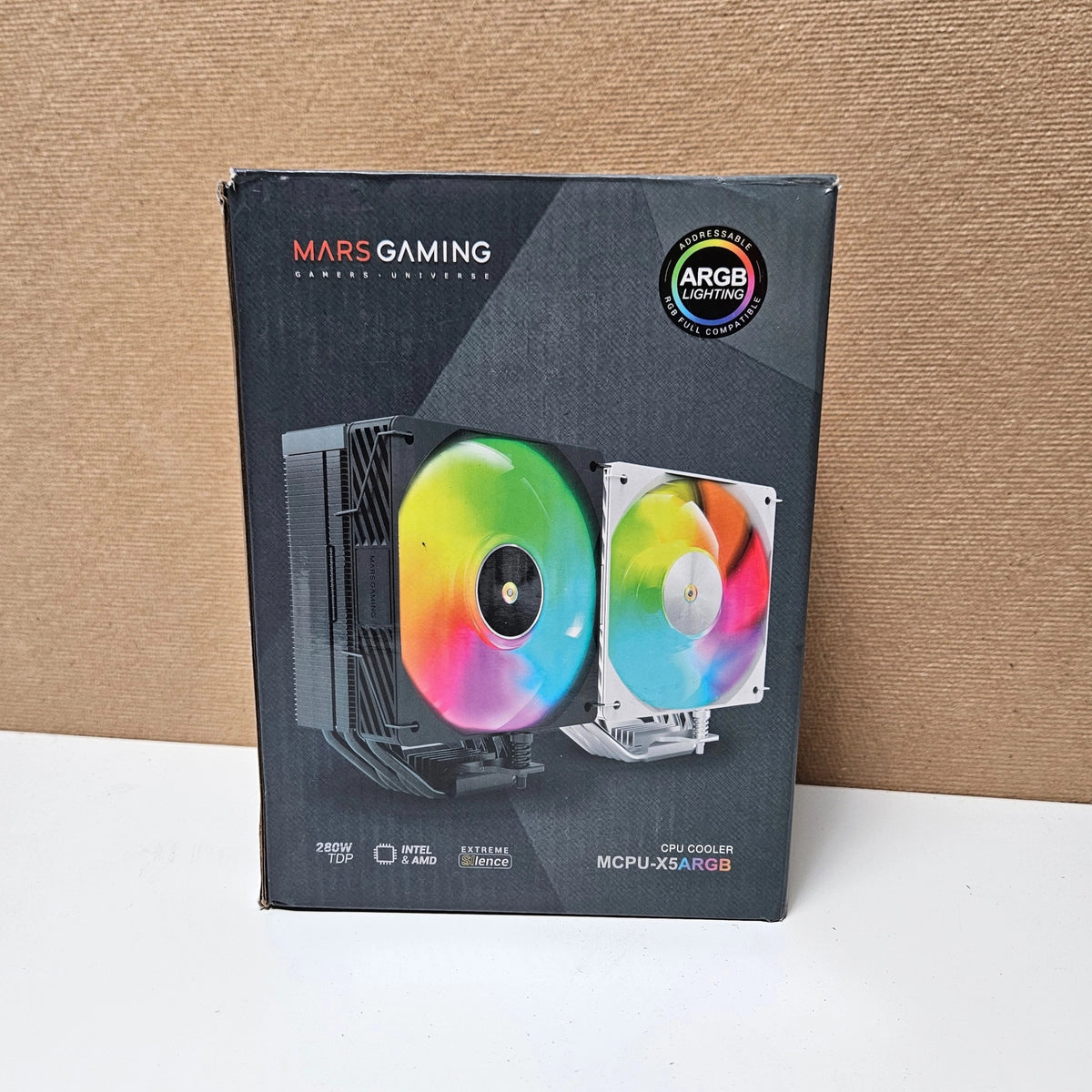 Front view of the Mars Gaming MCPU-X5ARGB CPU air cooler retail box