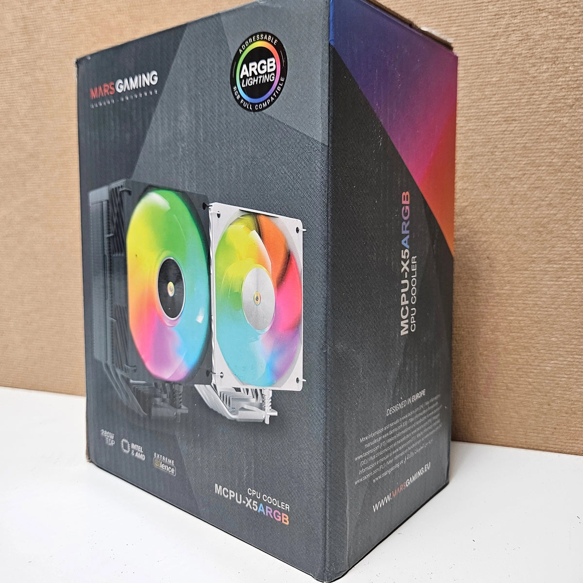 Side view of the Mars Gaming MCPU-X5ARGB CPU cooler product packaging box