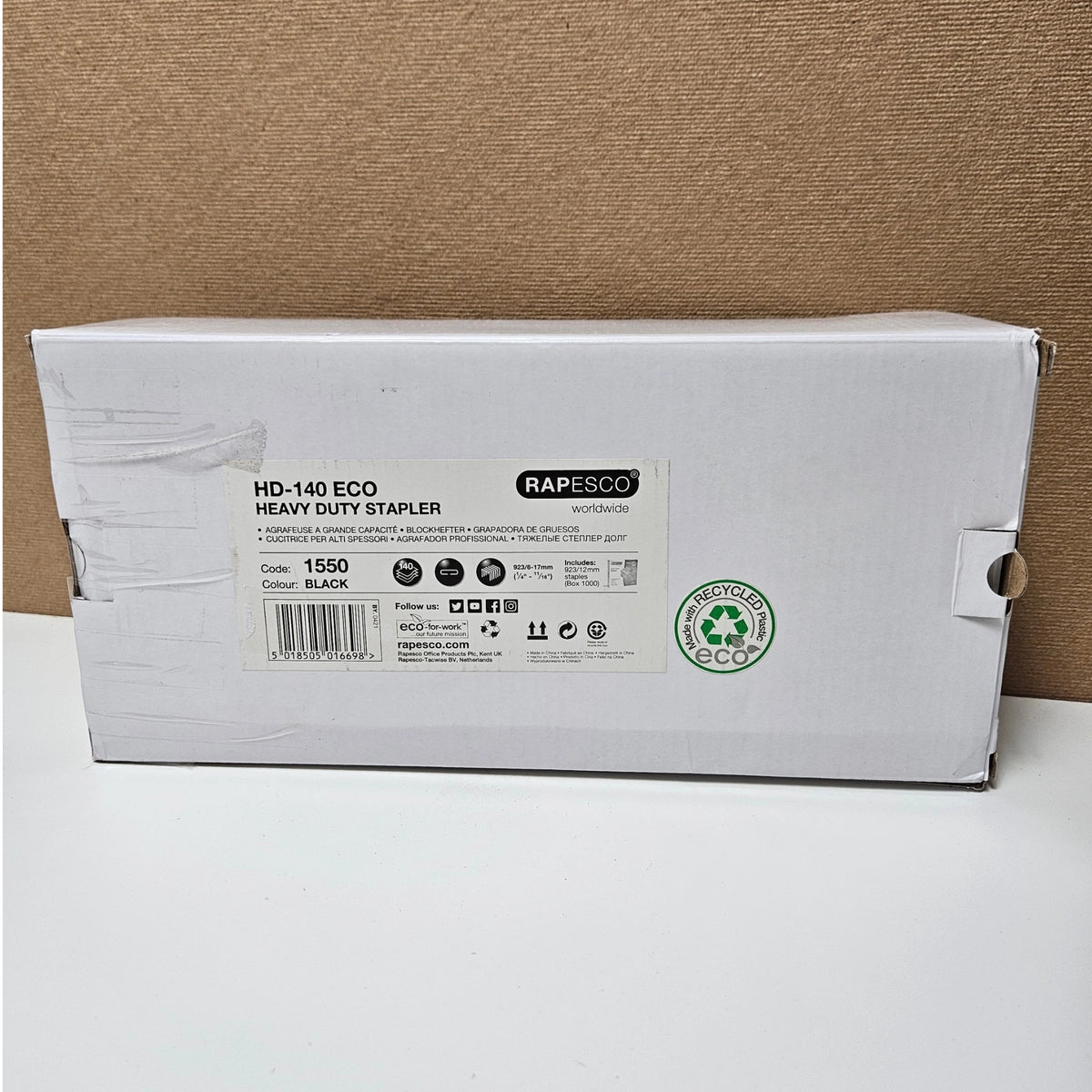 Packaging box for the Rapesco HD-140 ECO heavy duty black stapler