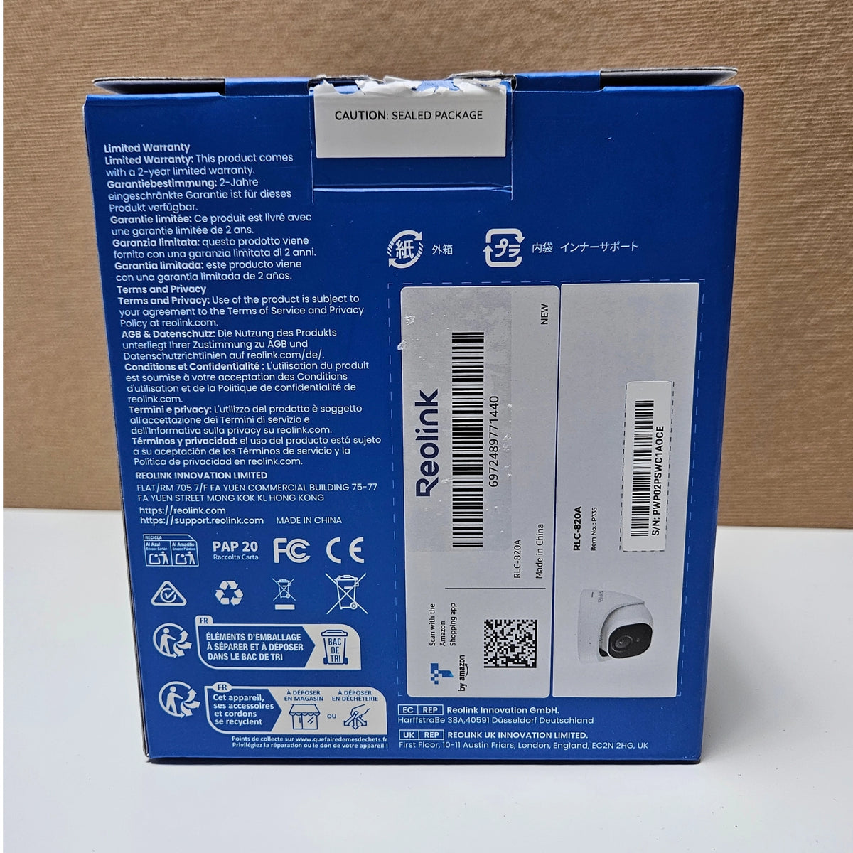 Detailed back view of the Reolink RLC-820A product packaging showing barcodes and specs.