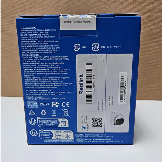 Detailed back view of the Reolink RLC-820A product packaging showing barcodes and specs.