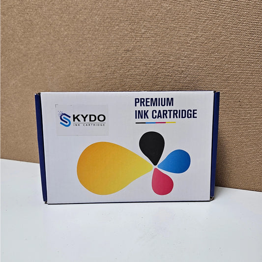 Front view of a white and blue Skydo premium ink cartridge box with a color drop logo