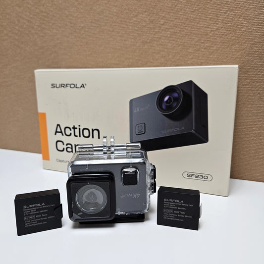 Surfola SF230 action camera inside waterproof case with two batteries and retail box.