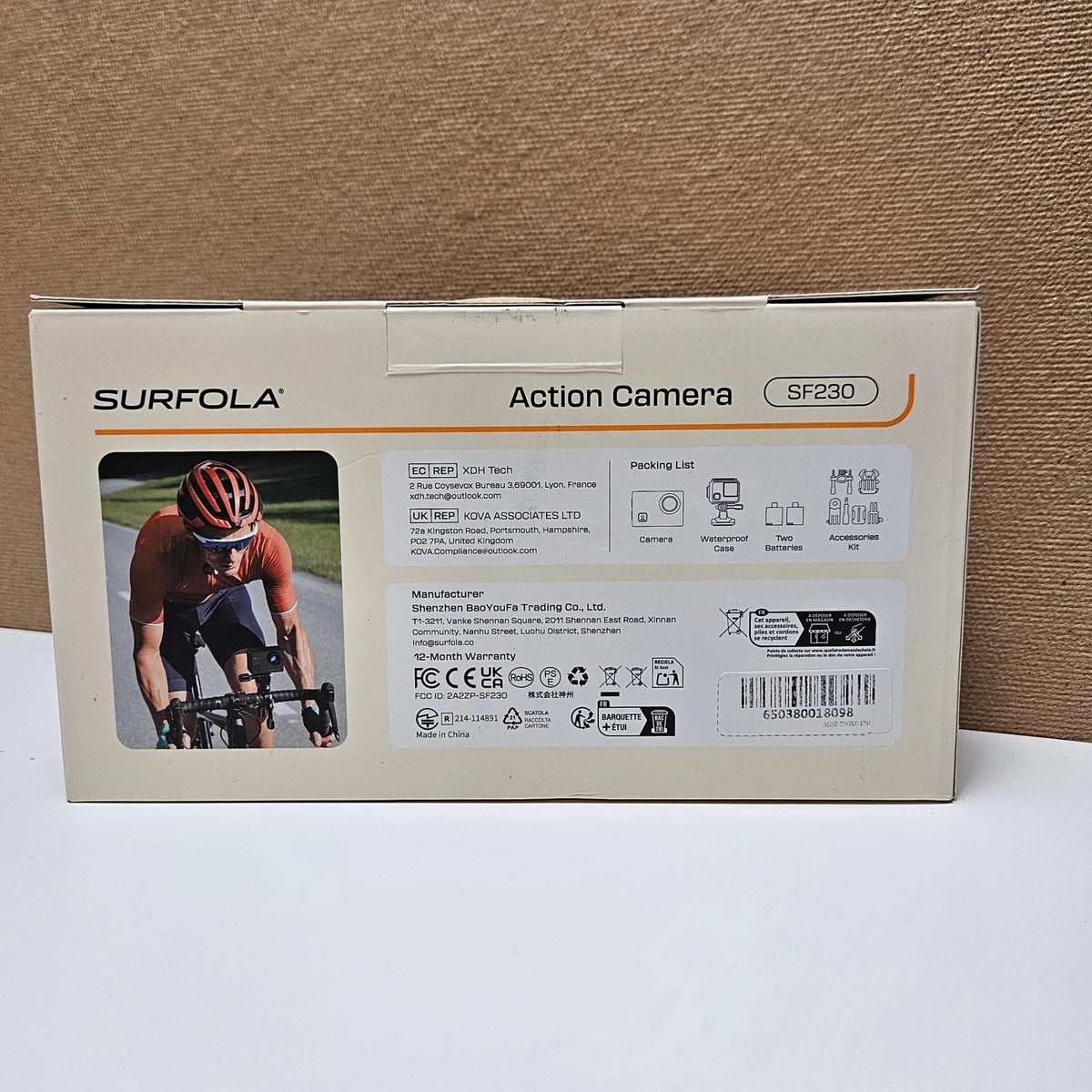 Back of the Surfola SF230 camera box showing certifications, specs, and barcode.