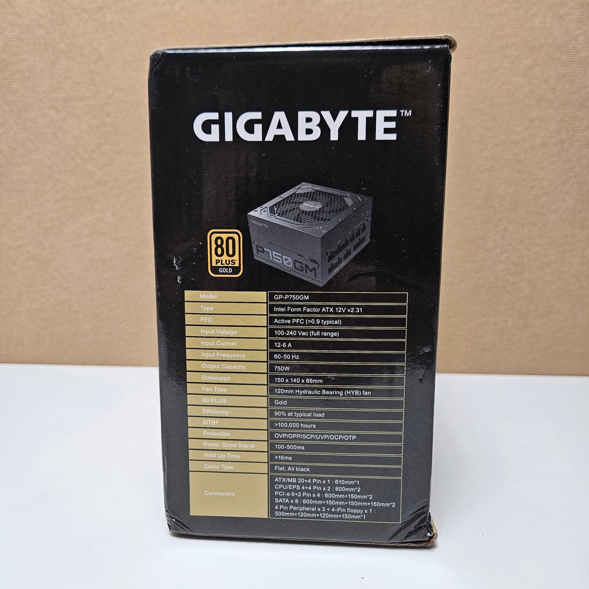 Side panel of Gigabyte P750GM modular power supply box listing features and connectors table